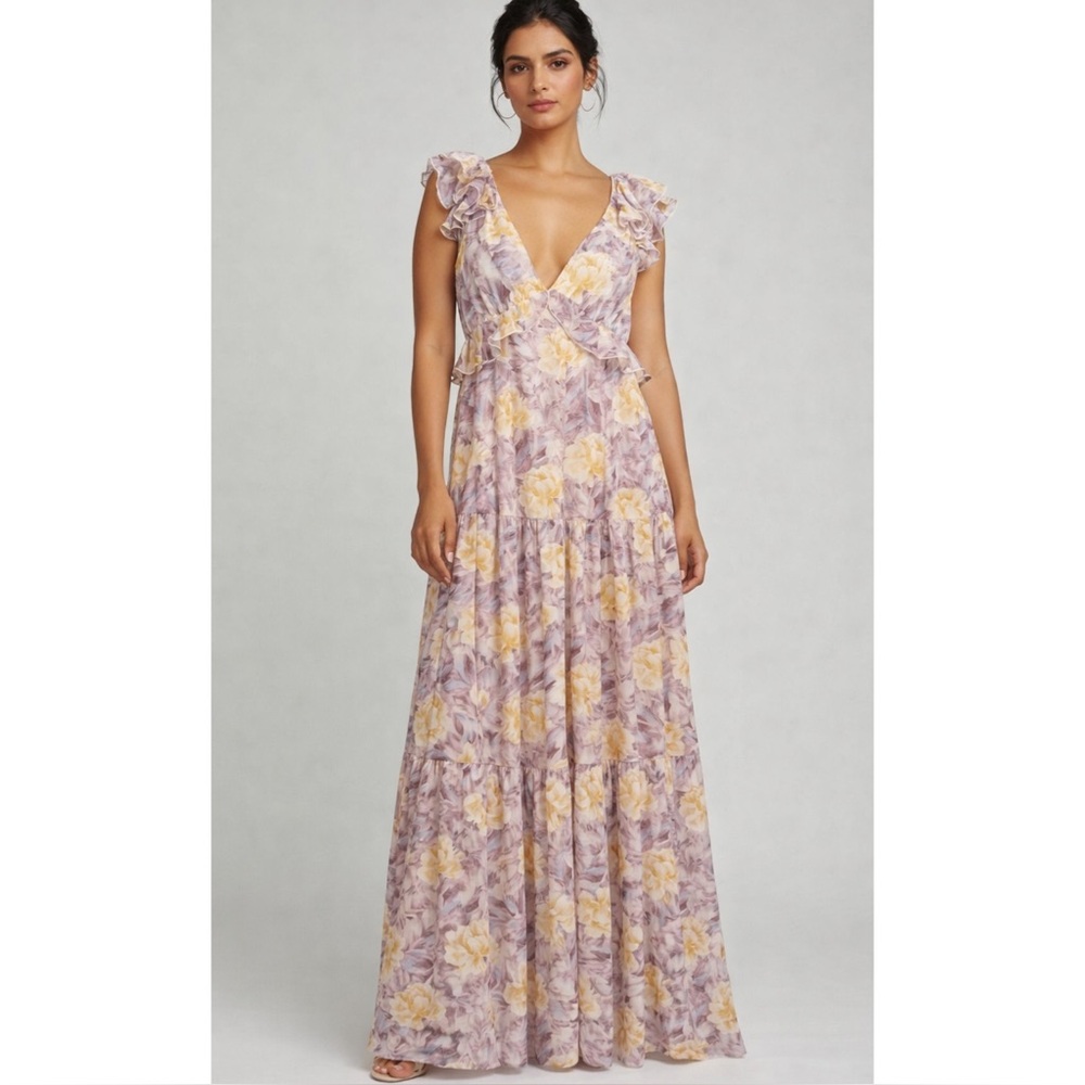 INA | NWT Floral Chiffon Ruffle Tie-Back Maxi Dress in Lavender/Yellow, Medium